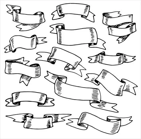A hand-drawn set of various ribbons with a volumetric texture in the style of a Stock Illustration