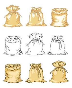 Hand drawn set of various styles of drawstring bags sacks in simple style and Stock Illustration