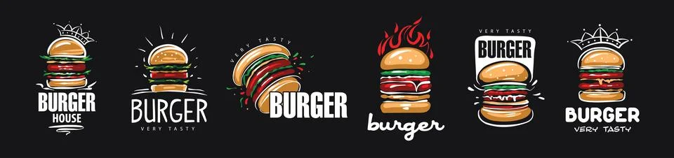Hand drawn set of vector burger logos on black background Stock Illustration