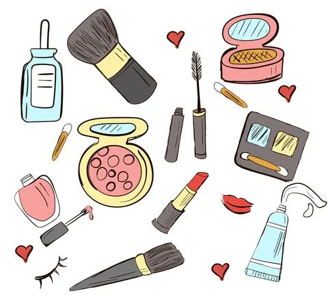 Hand-drawn set of vector cosmetics. Doodle illustration Stock Illustration