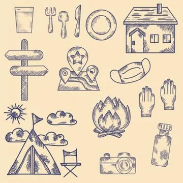 Hand drawn Set of vector drawings. Vintage. Travel Doodle Collection Stock Illustration