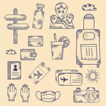 Hand drawn Set of vector drawings. Vintage. Travel, road, vacation Stock Illustration