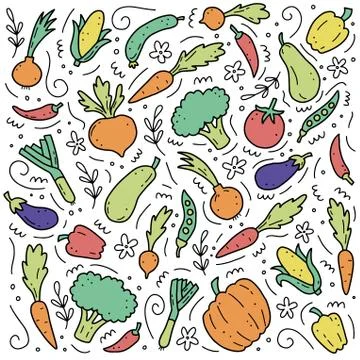 Hand drawn set of vegetables. Vector illustration of doodle skecth style. Stock Illustration