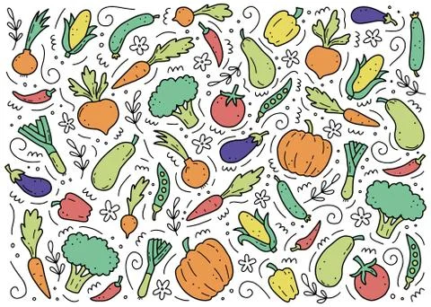 Hand drawn set of vegetables. Vector illustration of doodle skecth style. Stock Illustration