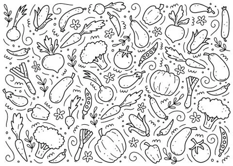 Hand drawn set of vegetables. Vector illustration of doodle skecth style. Stock Illustration