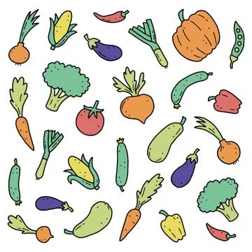 Hand drawn set of vegetables. Vector illustration of doodle skecth style. Stock Illustration