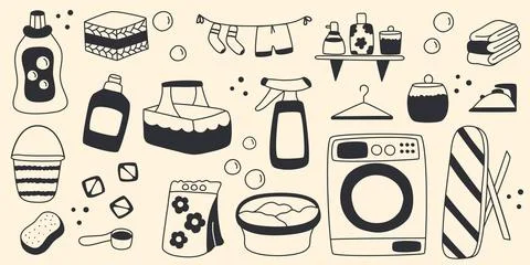 Hand-drawn set of washing and ironing attributes Ilustración de archivo