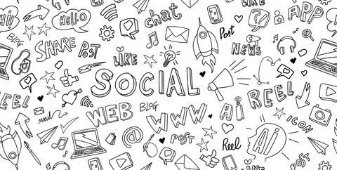 Hand drawn set of web sign and symbol doodles elements. banner background イラスト素材