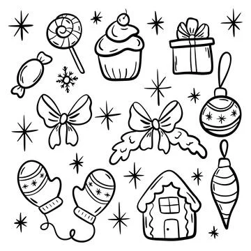 Hand drawn set of winter Christmas doodles. Vector simple new year illustrations Stock Illustration