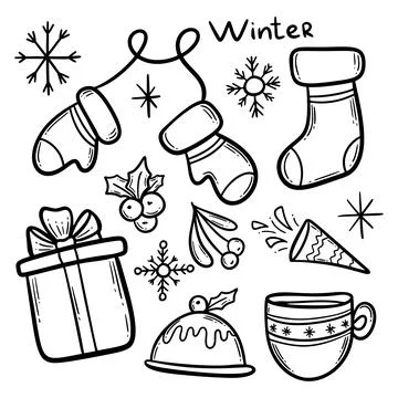 Hand drawn set of winter Christmas doodles. Vector simple new year illustrations Stock Illustration