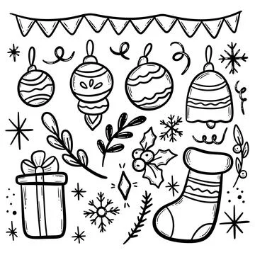 Hand drawn set of winter Christmas doodles. Vector simple new year illustrations Stock Illustration