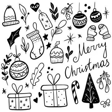 Hand drawn set of winter Christmas doodles. Vector simple new year illustrations Stock Illustration