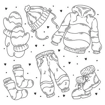 Hand drawn set of winter cloth and essentials doodle coloring Stock Illustration