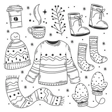 Hand drawn set of winter cloth doodle coloring Stock Illustration