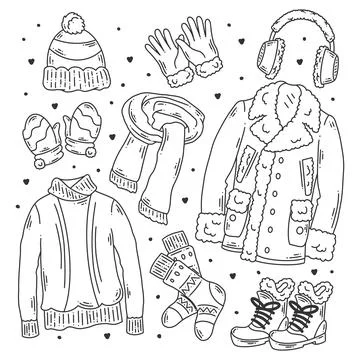 Hand drawn set of winter clothes and essentials doodle coloring Stock Illustration