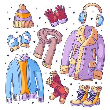 Hand drawn set of winter clothes and essentials doodle fullcolor Stock Illustration