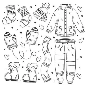 Hand drawn set of winter essentials doodle coloring Illustrazione stock