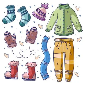 Hand drawn set of winter essentials doodle fullcolor Stock Illustration
