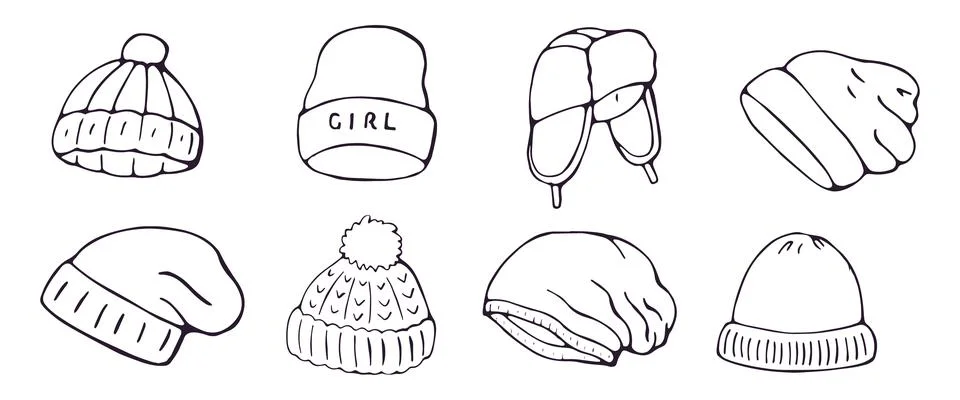Hand drawn set of winter knit hats and beanies doodle illustration on white.. Stock Illustration