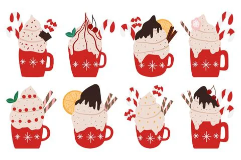 Hand-drawn set of winter mugs with hot coffee Stock Illustration