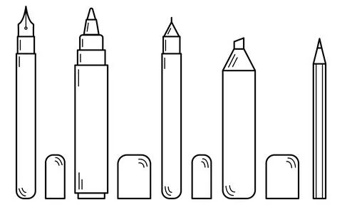 Hand drawn set of writing materials. Pen, felt-tip pen, pencil, fountain pen Stock Illustration