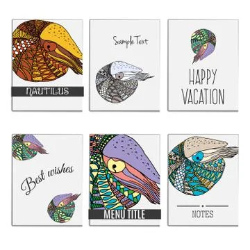Hand drawn set zentangle colored nautilus for cards background templates Stock Illustration
