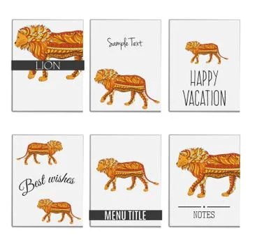 Hand drawn set zentangle colored lion for cards background templates. Concept Stock Illustration