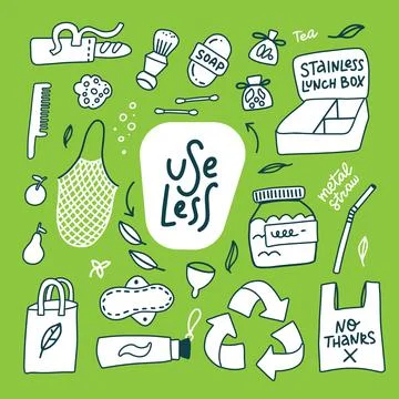 Hand drawn set of zero waste elements concept. Eco outline clipart for print Illustrazione stock