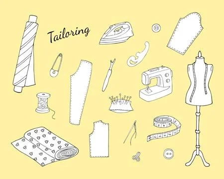 Hand-drawn sewing tools set. Tailors accessories, supplies, and equipment. .. Stock Illustration