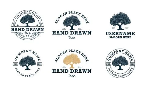 Hand drawn shady tree abstract sign, symbol or logo design template Stock Illustration