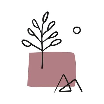 Hand drawn shape and line art objects, mountain, tree, leaf, moon, sun. Stock Illustration