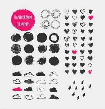 Hand drawn shapes, icons, elements and hearts Stock Illustration
