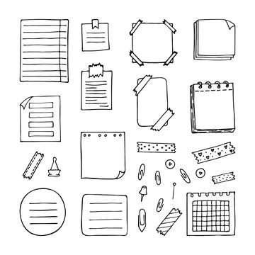 Hand drawn sheets of paper, documents, notebook. Stationery. Blank notes Stock Illustration