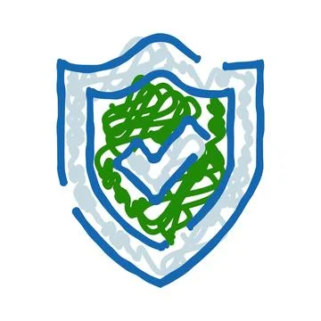 Hand drawn shield with green checkmark for security Stock Illustration