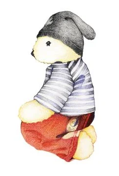 Hand Drawn Side View of Cute Teddy Bear in Striped Sailor Shirt with Red Pant Stock Illustration