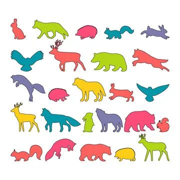 Hand drawn silhouettes. Forest animals. Outline wild woodland animals. Bear.. Stock Illustration