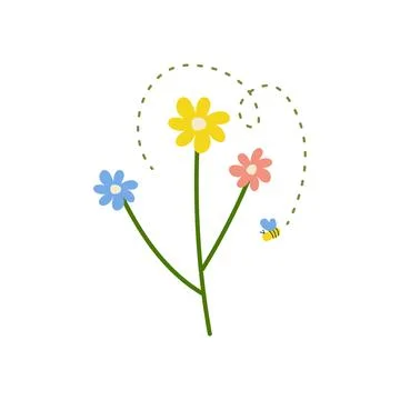 Hand drawn simple flower with bee, spring summer plants on white isolated b.. Stock Illustration
