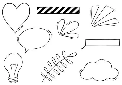 Hand drawn simple line doodles set minimal outline graphic shapes and decor.. 스톡 일러스트