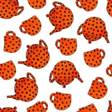 Hand-drawn simple red kitchen supplies, cup, teapot. Crockery illustration. Illustrazione stock