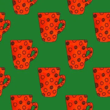 Hand-drawn simple red kitchen supplies, cup, teapot. Crockery illustration. Stock Illustration