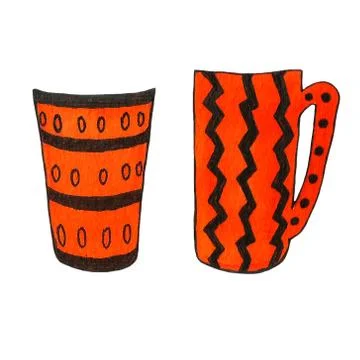 Hand-drawn simple red kitchen supplies, cup, teapot. Crockery illustration. Stock Illustration