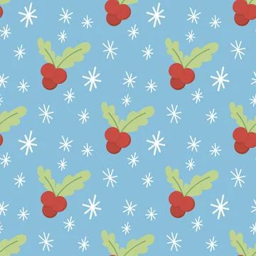 Hand drawn Simple seamless pattern with snowflakes and holly. Christmas Vector Stock Illustration
