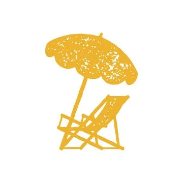 Hand drawn simple yellow logo chaise lounge with umbrella summer beach reso.. 스톡 일러스트