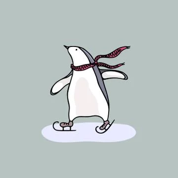 Hand drawn skating penguin Stock Illustration