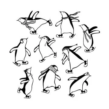Hand drawn skating penguins Stock Illustration