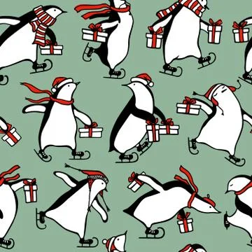 Hand drawn skating penguins pattern Stock Illustration