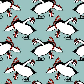 Hand drawn skating penguins pattern Stock Illustration