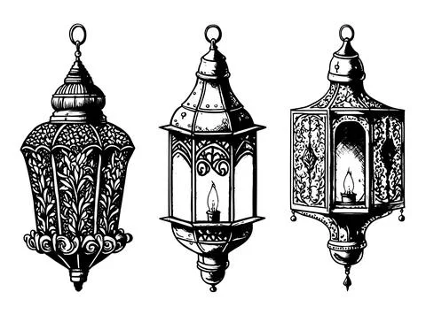 Hand-drawn sketch of Arabic lantern lamps with Arab ornaments.. Stock Illustration