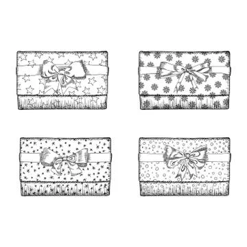 Hand drawn sketch of box gift with bow set. Stock Illustration