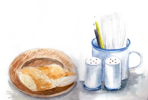 Hand Drawn Sketch from Cafe. Objects on table: Mug, salt and pepper, pastry bun Illustrazione stock